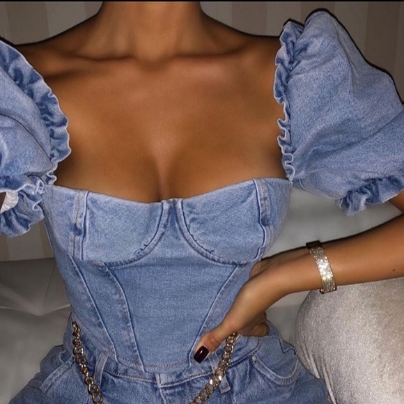 RARE House Of Cb Lulette Denim Corset Bustier Crop top With Puff Sleeves - Picture 2 of 5